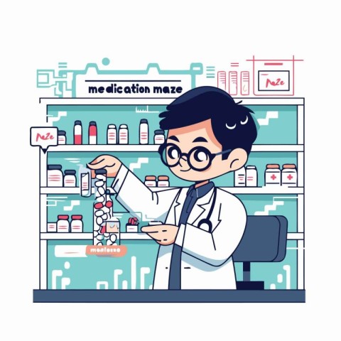 Pharmacist in the drugstore. Vector illustration in flat style