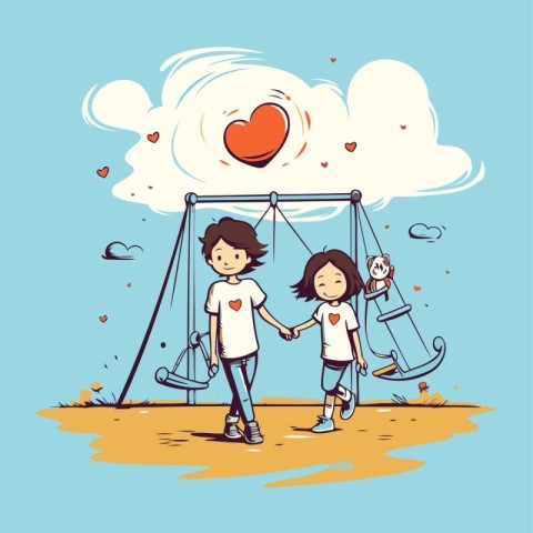 Boy and girl playing on the swing. Vector illustration of a boy