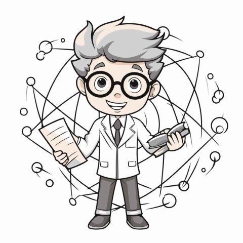 Scientist man with a notebook and a pen. Vector illustration.