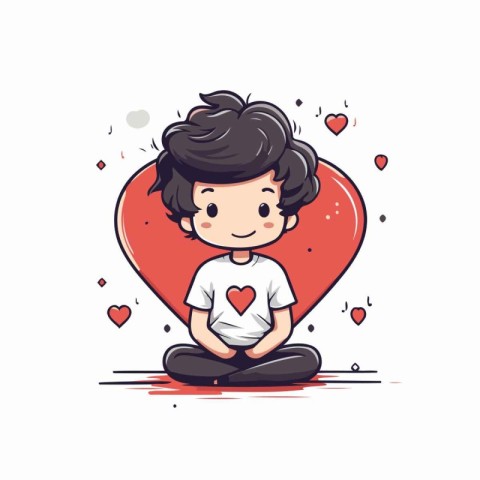 Cute boy meditating with red heart. Vector cartoon illustration.