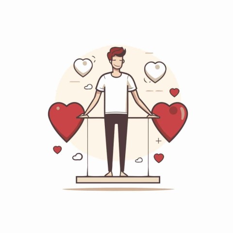 Young man with red hearts in hands. Flat design vector illustrat