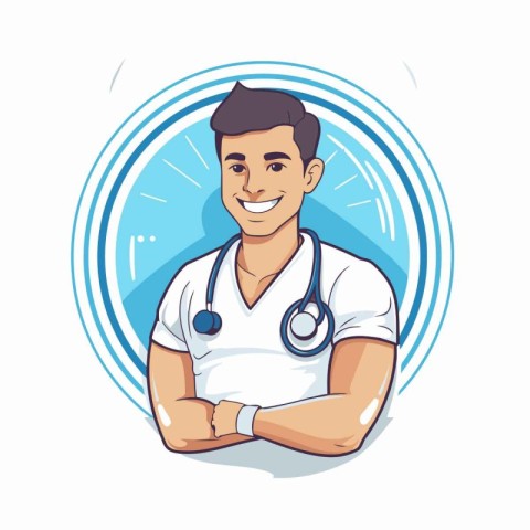Handsome smiling doctor with stethoscope vector illustration gra
