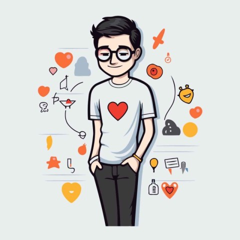 Cute hipster boy standing with hand drawn social media icons. Ve