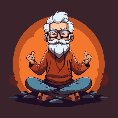 Old man meditating in the lotus position. Vector illustration.