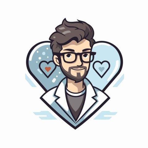 Vector illustration of a male doctor with glasses in a heart sha