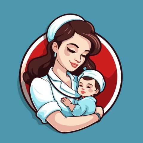 Mother and baby in the hands of a doctor. Vector illustration.