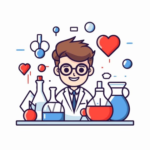 Scientist in lab coat and glasses. flat style vector illustratio