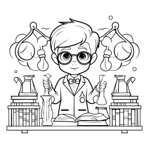 Cartoon scientist in lab. Black and white vector illustration fo