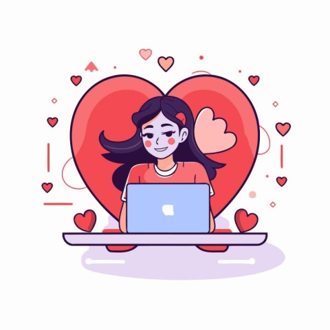 Cute girl with laptop and hearts. Vector illustration in a flat