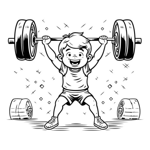 Boy lifting a barbell. Vector illustration in black and white.