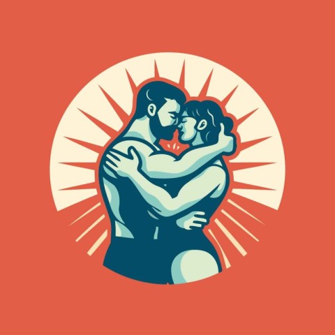 Vector illustration of a loving couple hugging each other on red