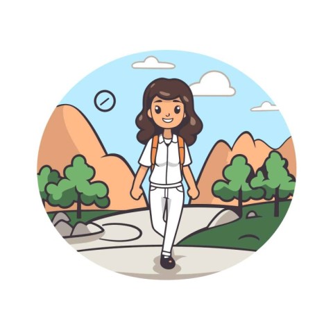 Young woman walking in the park. Vector illustration in cartoon