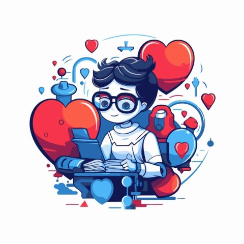 Cute boy in glasses reading a book and holding a red heart. Vect