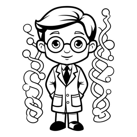 Black and White Cartoon Illustration of Little Boy Doctor Charac