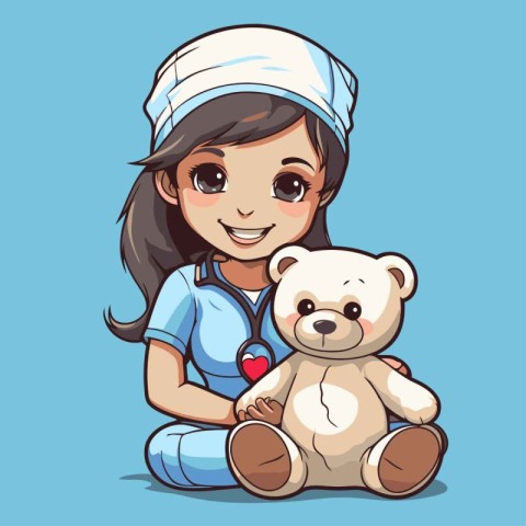 Cute cartoon nurse with a teddy bear. Vector illustration.