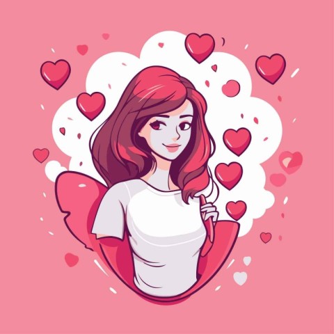 Cute girl in love with hearts. Vector illustration for Valentine