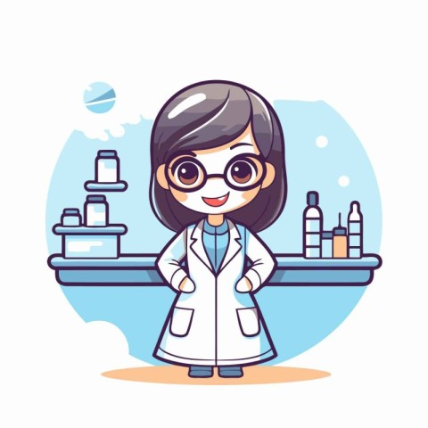 Cartoon woman pharmacist standing in the pharmacy. Vector illust