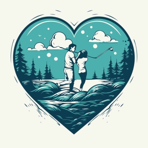 Couple fishing on the river. Couple in love. Vector illustration