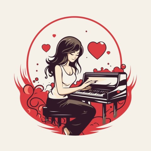 Beautiful girl playing the piano. vector illustration in retro s