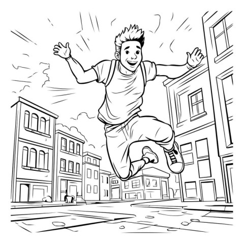 Man jumping in the city. Black and white vector illustration for