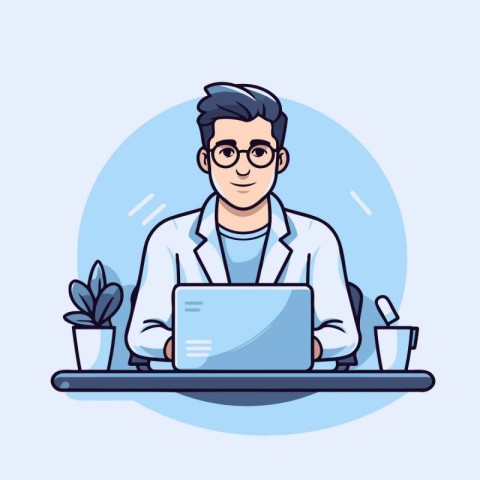 Doctor with laptop in the office. Vector illustration in cartoon