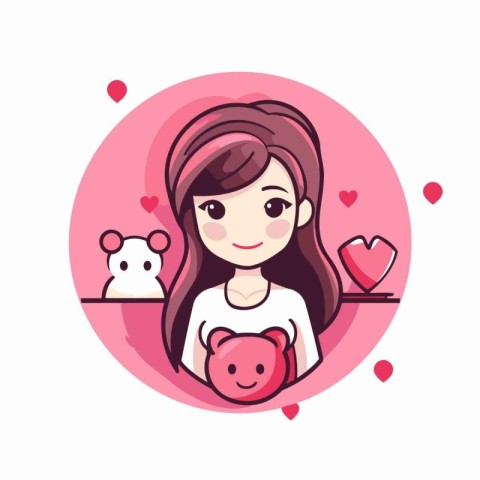 Cute girl with piggy bank. Vector illustration in cartoon style.