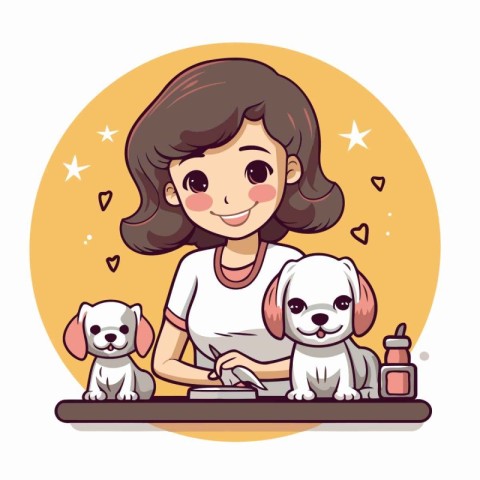 Cute girl brushing her dogs. Vector illustration in cartoon styl