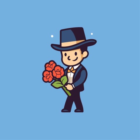 Gentleman with bouquet of flowers. Flat vector illustration.