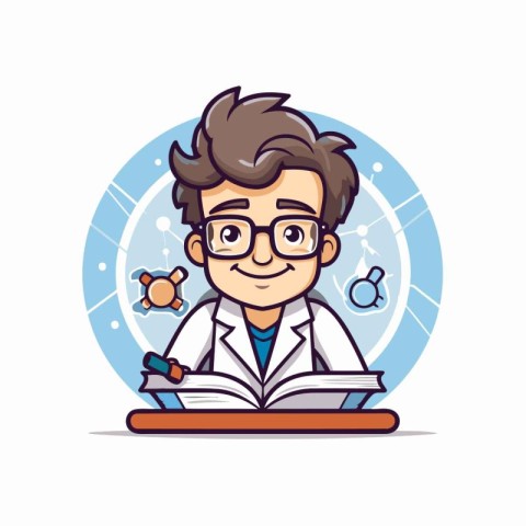 Vector cartoon illustration of a boy scientist in glasses and a