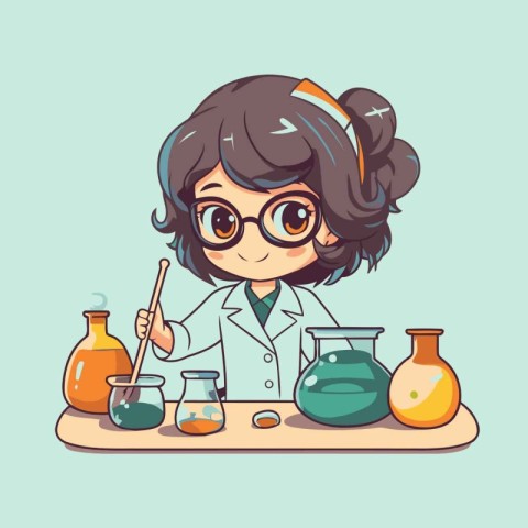 Cute little girl scientist in laboratory. Vector cartoon charact