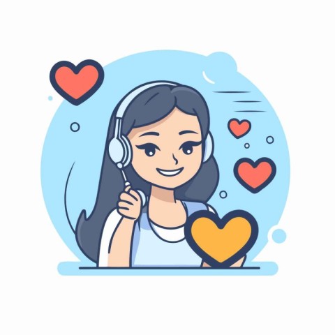 Cute girl listening to music with headphones and hearts. Vector