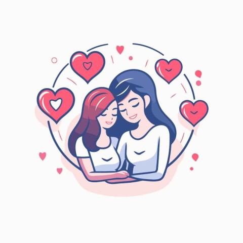 Vector illustration of two girls in love hugging each other with