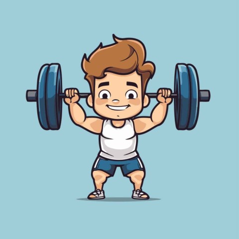 Cartoon boy lifting a barbell. Vector character illustration des