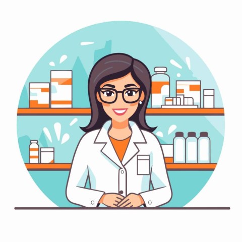 Female pharmacist in the drugstore. Vector illustration in flat