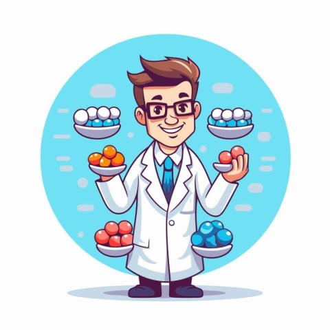 Cartoon doctor with balls in his hands. Vector character illustr