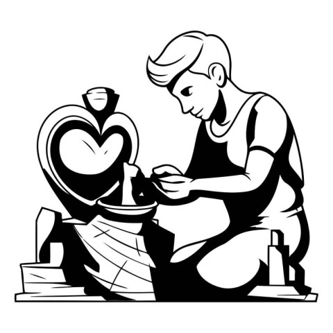 Black and white illustration of a man sculpting a heart with a p