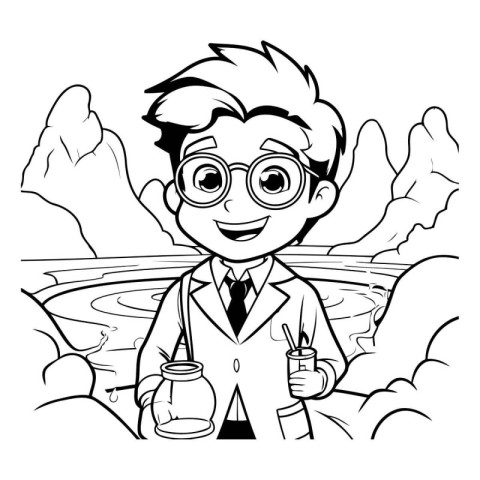 Black and White Cartoon Illustration of Scientist Character with