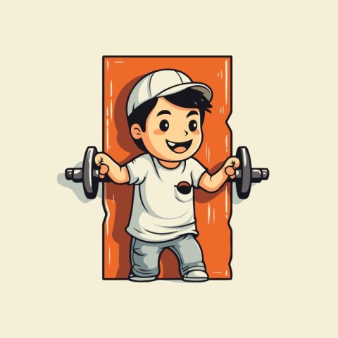 Cartoon boy with dumbbells in hand. Vector illustration.