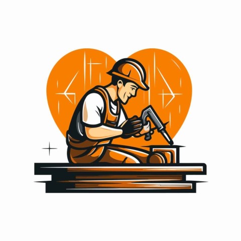 Vector illustration of a carpenter cutting wood with a saw in he