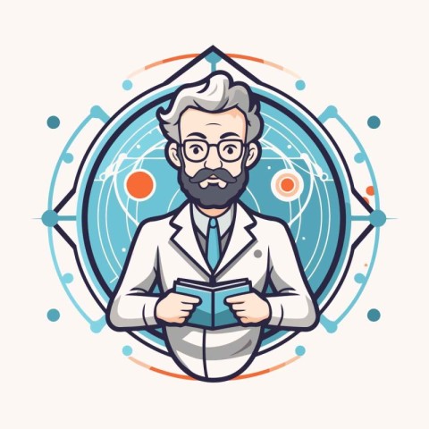 Scientist man holding a book in his hands. Vector illustration.