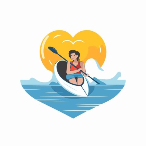 Man in kayak with heart in the background. Flat vector illustrat