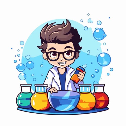 Cute little boy in science lab coat making experiment. Vector il