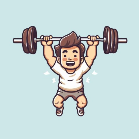 Cartoon vector illustration of a man lifting a heavy barbell.