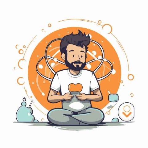 Man meditating in lotus position with heart. Vector illustration