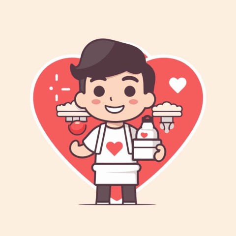 Cute little boy holding water bottle. Valentine's day vector ill