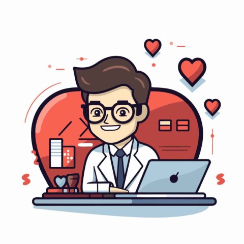 Doctor with laptop and heart. Vector illustration in flat design