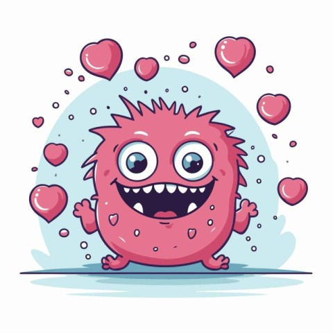 Funny pink monster in love with hearts. Vector cartoon illustrat