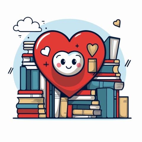 Cute cartoon heart character with books. Love and education conc
