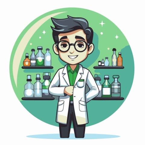 Cute cartoon scientist in lab coat and glasses. Vector illustrat