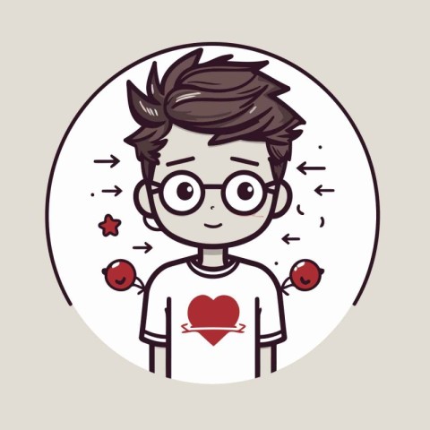 Cute boy with heart and balloon. Vector illustration in cartoon